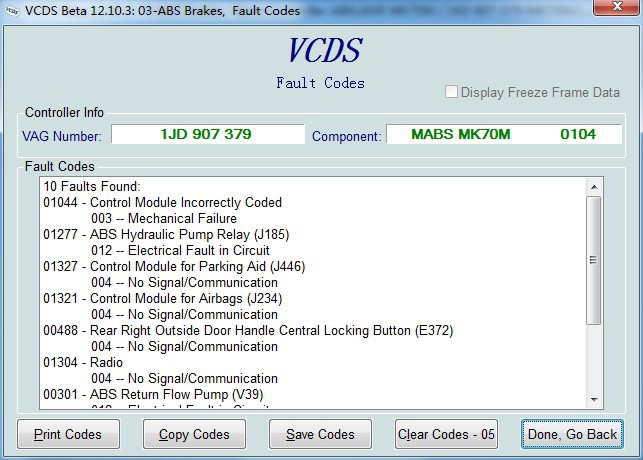 códigos de falta beta de los frenos del ABS de COM VCDS de VAG 12.10.3